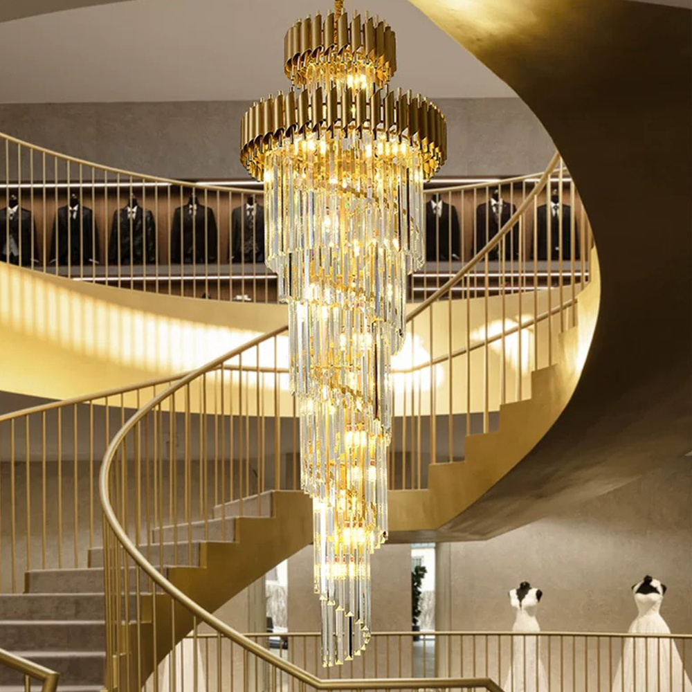 Modern luxury indoor gold large round stairwell stair lighting crystal chandeliers pendant lights for hotel lobby staircase