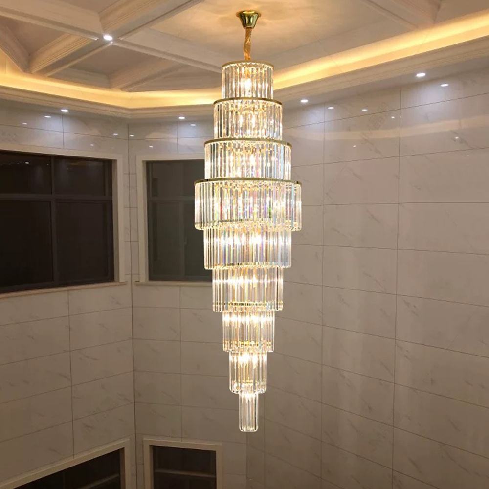 Modern luxury indoor gold large round stairwell stair lighting crystal chandeliers pendant lights for hotel lobby staircase