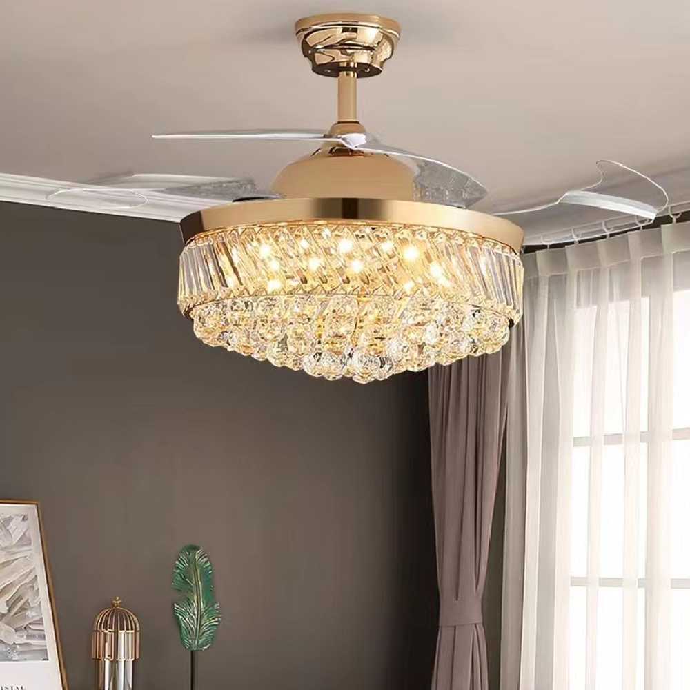 European-Style Gray Retro Chandelier Creative Living Room Fixture Bedroom Lamp Modern Large Crystal Led Ceiling Fan With Light