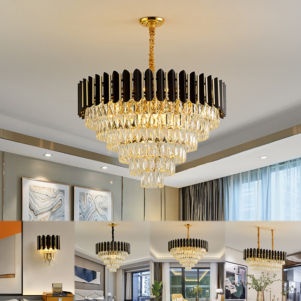 Nordic Hotel Restaurant Dining Table Design Gold Black Modern Led Hanging Ceiling Ceil Crystal Chandelier Luxury Pendant Lights