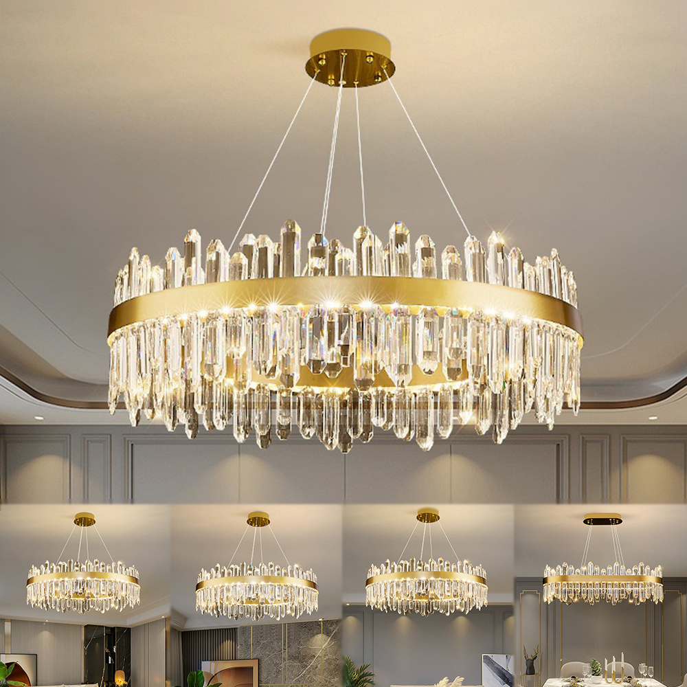 Vintage French Modern Double Height Crystal Kitchen Dinning Room Round Ring Linear Flush Mount Led Ceiling Lights Chandeliers