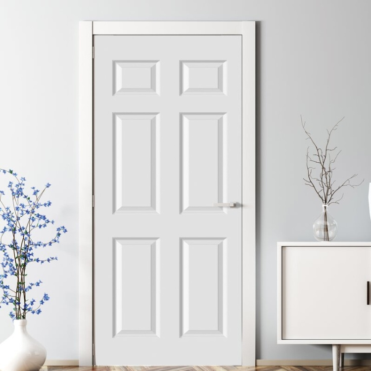 Custom Prehung Door Modern Interior Room White Primer 6 Panel MDF Wood Doors For House Hotel Apartment