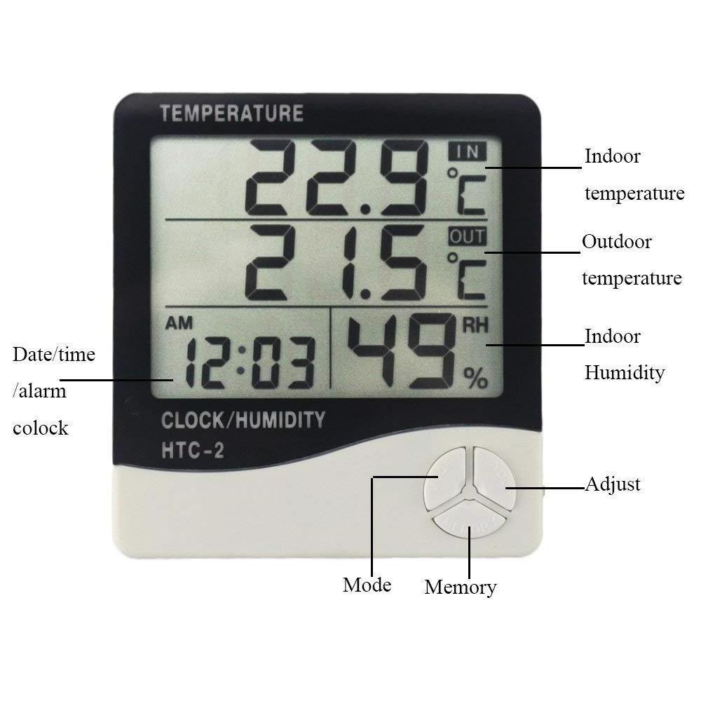 Digital Thermometer Hygrometer Electronic LCD Temperature Humidity Meter Weather Station Indoor Outdoor Clock HTC-2