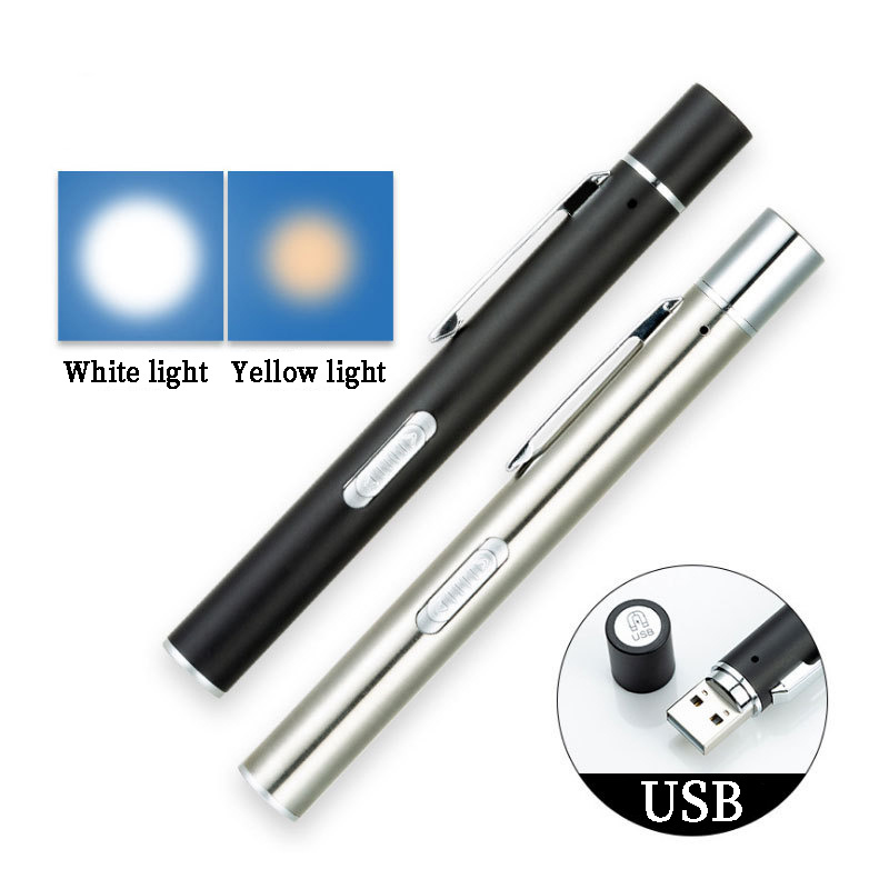 USB Rechargeable Handy Pen Light with Scale Mini Flashlight LED Torch Lamp With Stainless Steel Clip Pocket Led Flashlight