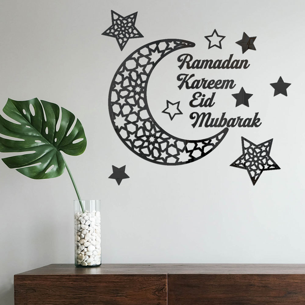 New Design 3D Self Adhesive Muslim Ramadan Eid Festival Wall Sticker Moon Star Acrylic Mirror Wall Sticker