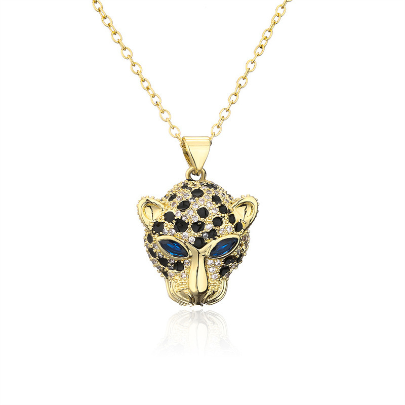 18K Gold Plated Trendy Jewelry Necklace Full Diamond Zirconia Green Red Blue Eye Multicolor Leopard Head Pendant Necklace