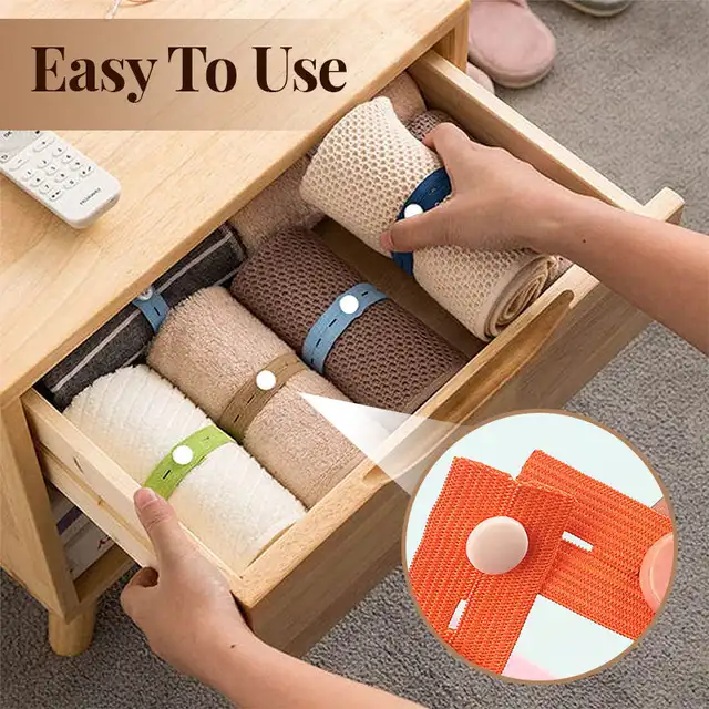 Adjustable clothing storage strap with button travel luggage space saver drawer organizer roll-up clothes storage elastic band