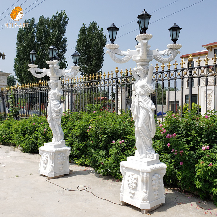 Life Size Hand Carved White Marble Lady Holding Lamp Statue for House Indoor Decoration