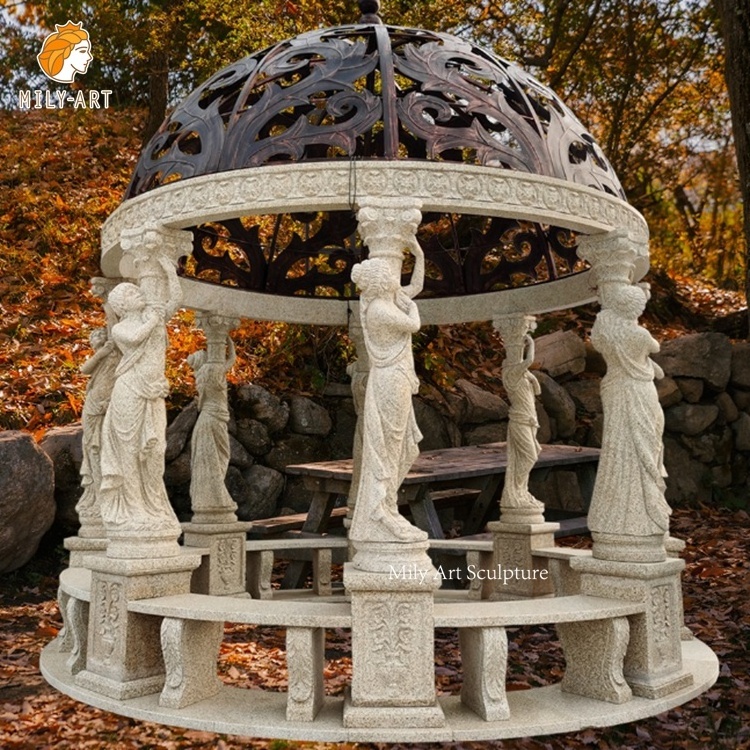 Outdoor Garden Large Round Granite Stone Gazebo Marble With Lady Statues Pavilion