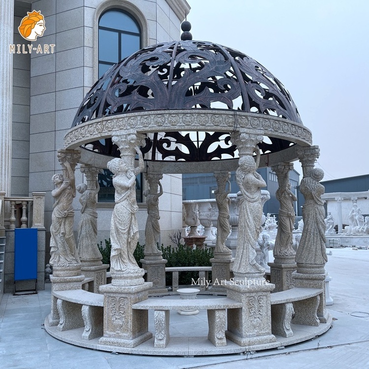 Outdoor Garden Large Round Granite Stone Gazebo Marble With Lady Statues Pavilion