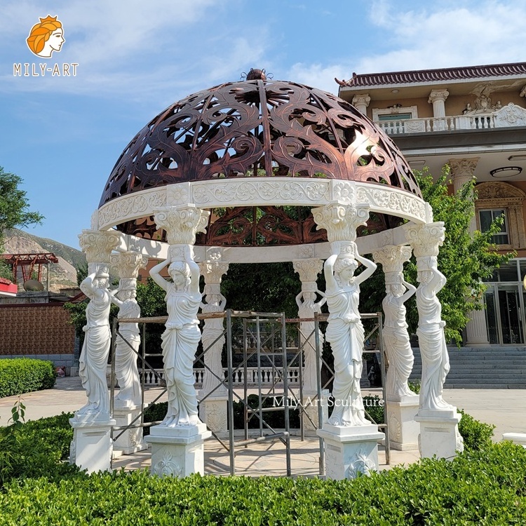 Outdoor Garden Large Round Granite Stone Gazebo Marble With Lady Statues Pavilion