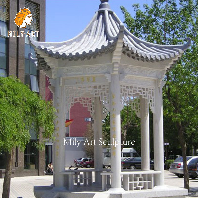 Chinese Style Stone Pavilion Hexagon Marble Gazebo with Carved Flowers for Public Places