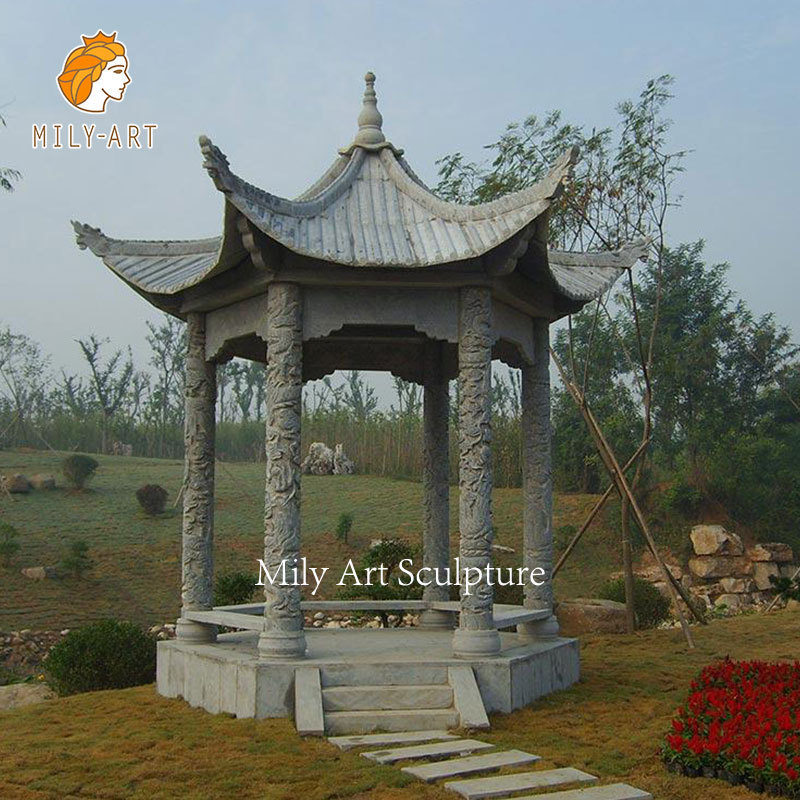 Chinese Style Stone Pavilion Hexagon Marble Gazebo with Carved Flowers for Public Places