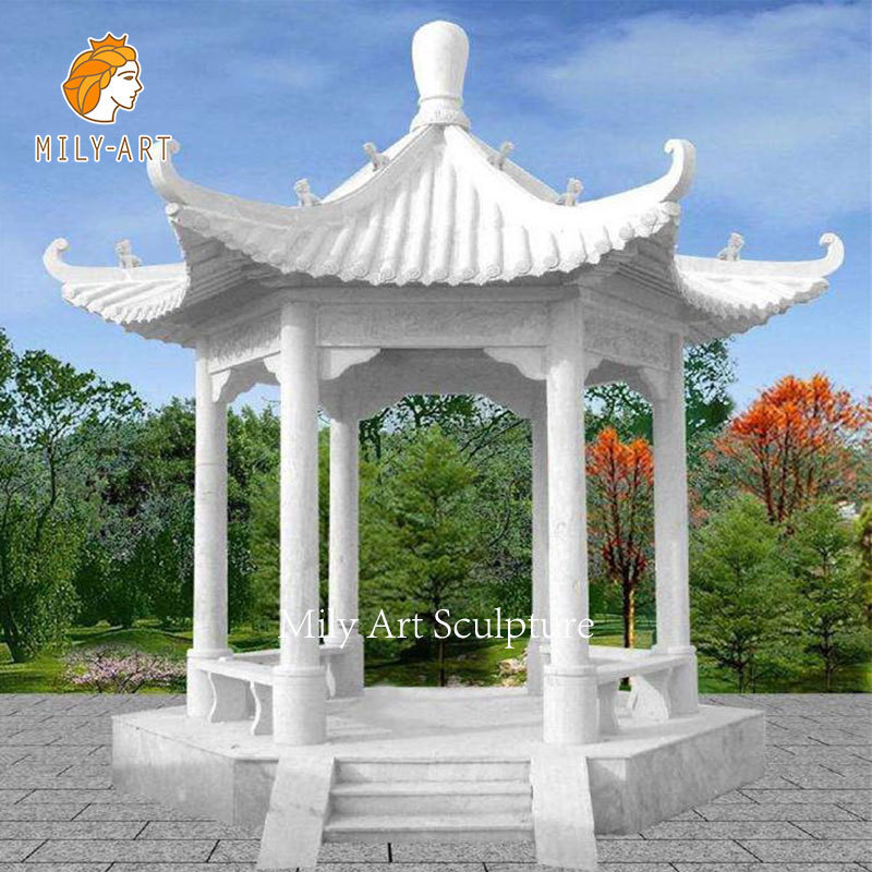 Chinese Style Stone Pavilion Hexagon Marble Gazebo with Carved Flowers for Public Places