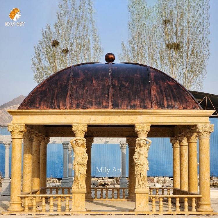 Hand Carved Natural Yellow Column Square Shape Marble Wedding Gazebo for Sale