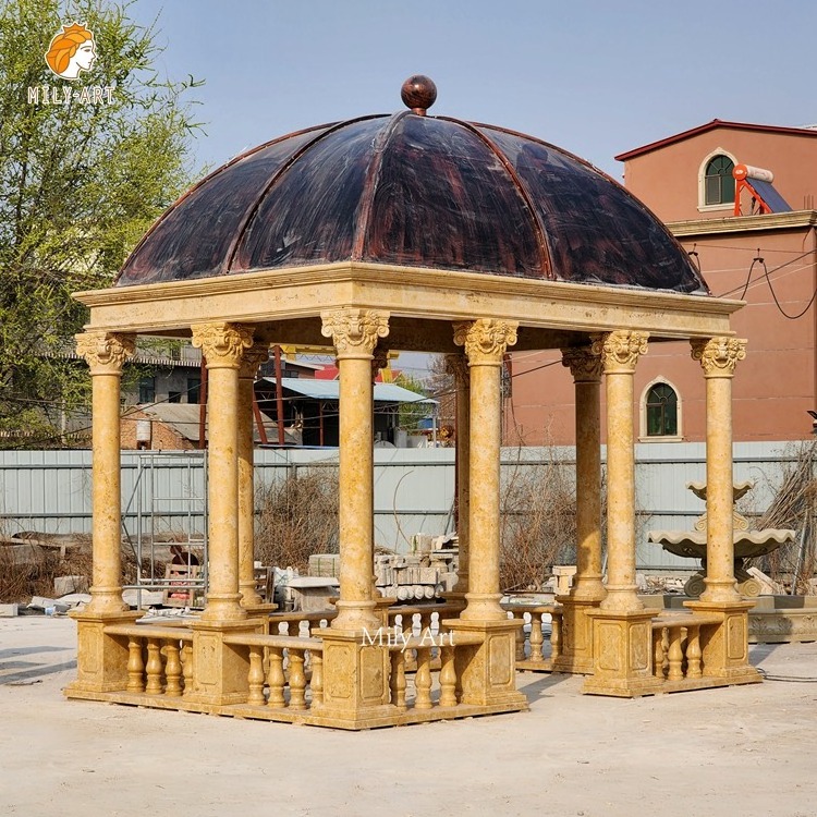 Hand Carved Natural Yellow Column Square Shape Marble Wedding Gazebo for Sale