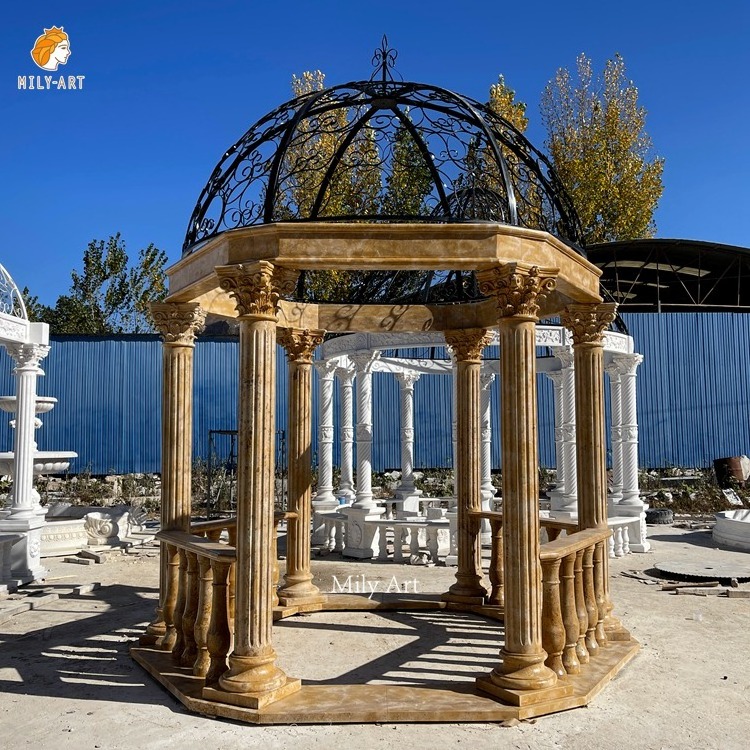 Hand Carved Natural Yellow Column Square Shape Marble Wedding Gazebo for Sale