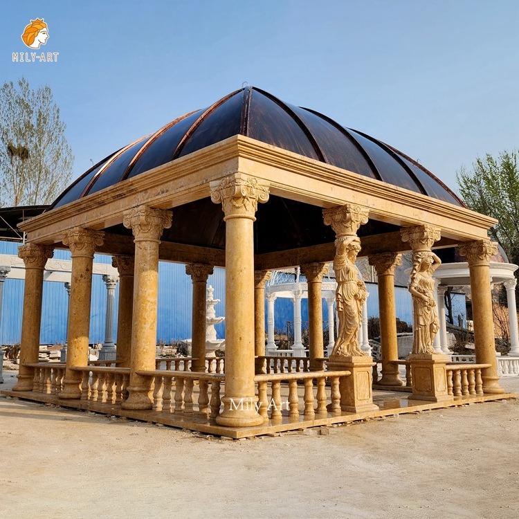 Hand Carved Natural Yellow Column Square Shape Marble Wedding Gazebo for Sale