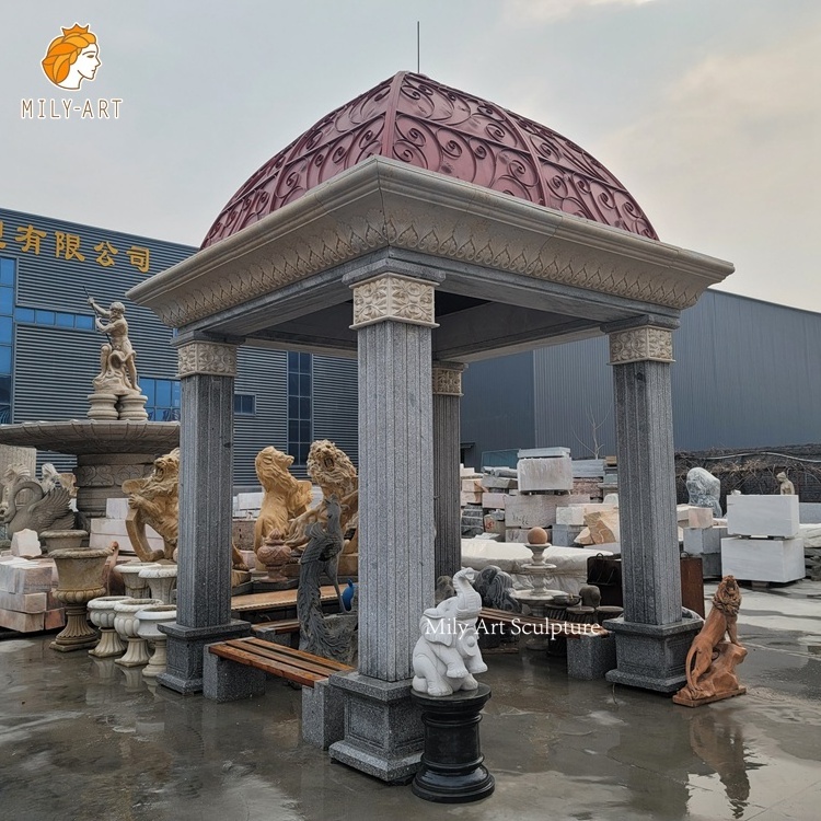 Large Size Solid Metal Roof Stone Pavilion Rectangular Garden Marble Column Gazebo