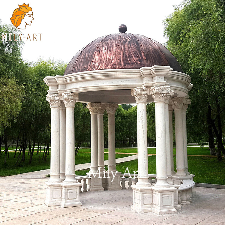 Large Size Solid Metal Roof Stone Pavilion Rectangular Garden Marble Column Gazebo