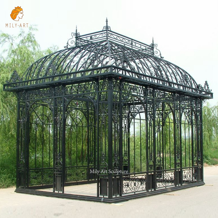 Large Custom Outdoor Garden Decor Antique Black Wrought Iron Gazebo Iron Pavilion For Sale