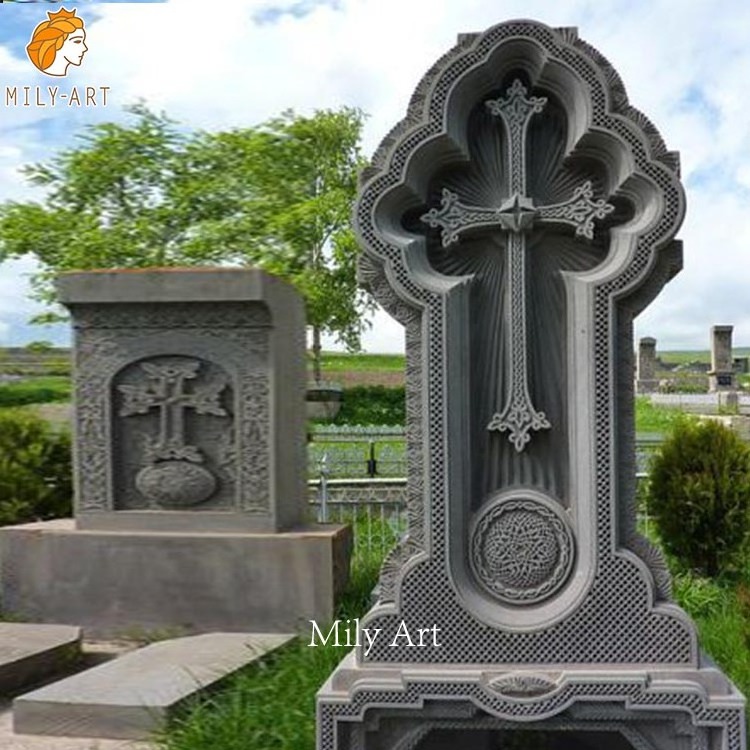 Antique Granite Tombstone with Cross White Marble Headstone