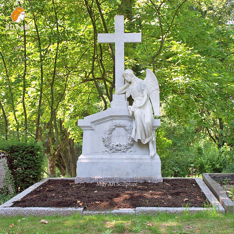 Cemetery Stone Hand Carved Tombstone White Marble Standing Angel with Cross Headstone