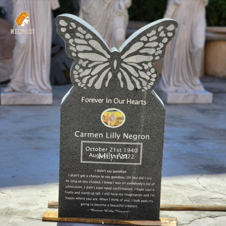 Factory Custom Black Marble Butterfly Headstone for Sale