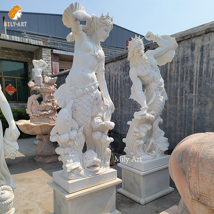 Life Size Custom Outdoor Hand Carved Marble Natural Stone Mermaid Couple Sculpture Statue