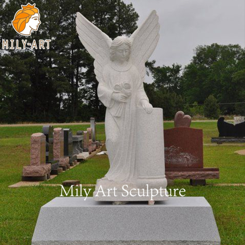 Cemetery Stone Hand Carved Tombstone White Marble Standing Angel with Cross Headstone