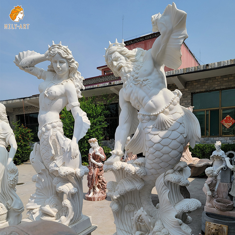 Life Size Custom Outdoor Hand Carved Marble Natural Stone Mermaid Couple Sculpture Statue