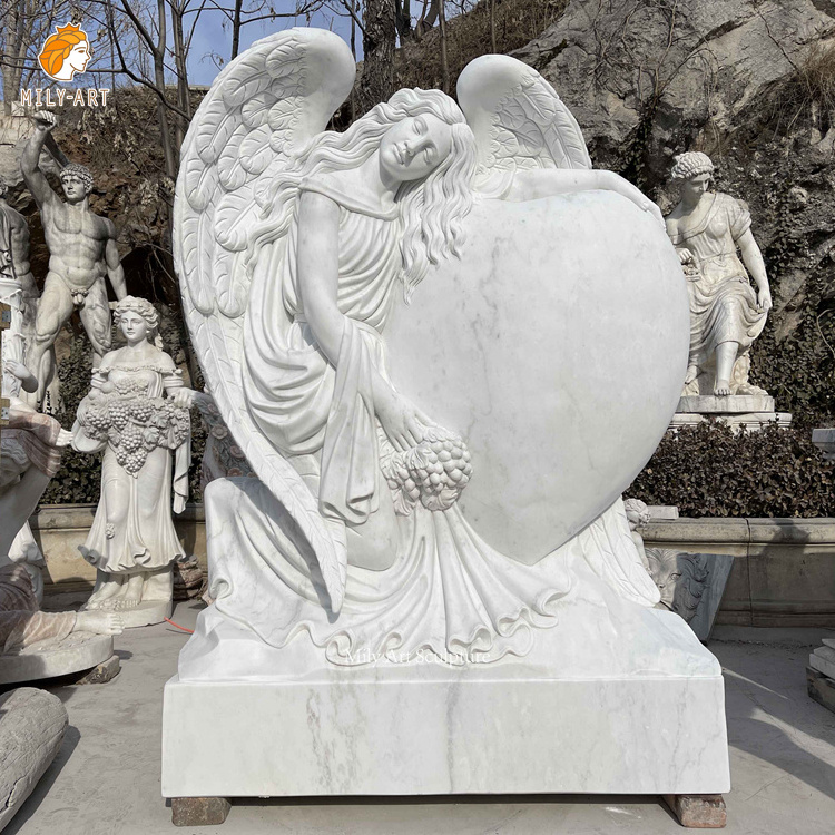 Cemetery Natural Stone Carvings and Sculptures White Marble Angel Heart Double Headstones