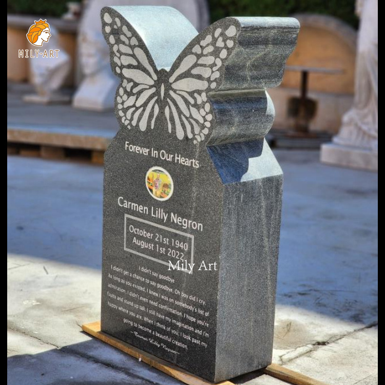 Factory Custom Black Marble Butterfly Headstone for Sale