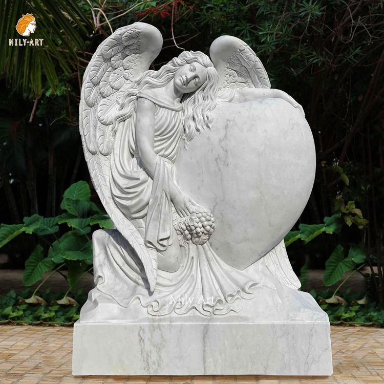 Customized Natural Stone Carving Sculpture White Marble Angel Heart Headstone For Sale