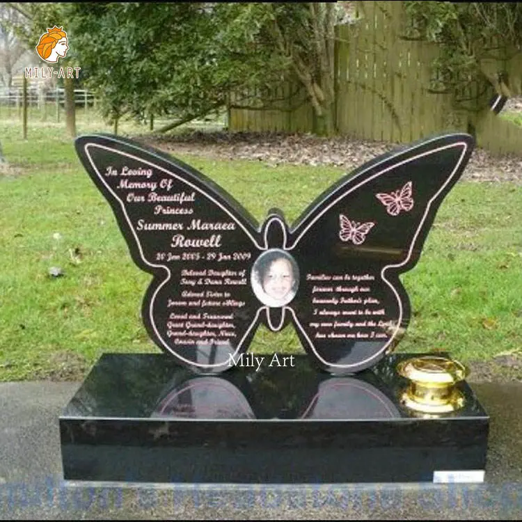 Factory Custom Black Marble Butterfly Headstone for Sale