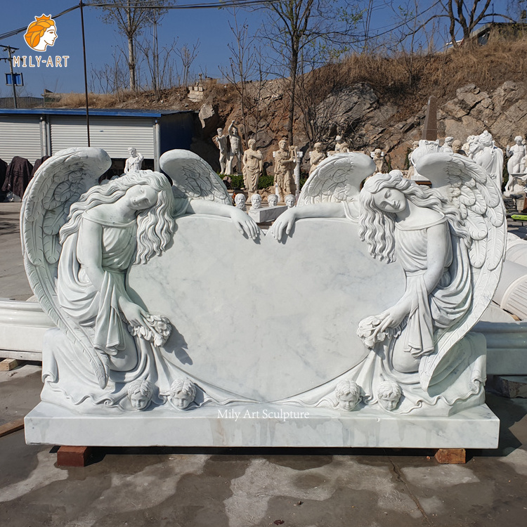 Customized Natural Stone Carving Sculpture White Marble Angel Heart Headstone For Sale