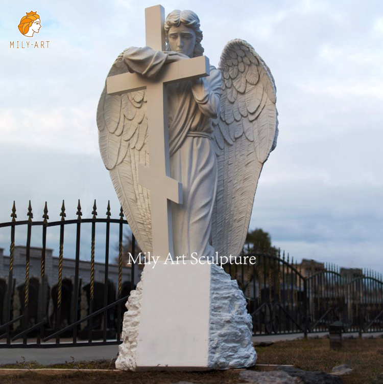 Cemetery Stone Hand Carved Tombstone White Marble Standing Angel with Cross Headstone