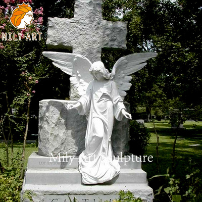 Cemetery Stone Hand Carved Tombstone White Marble Standing Angel with Cross Headstone