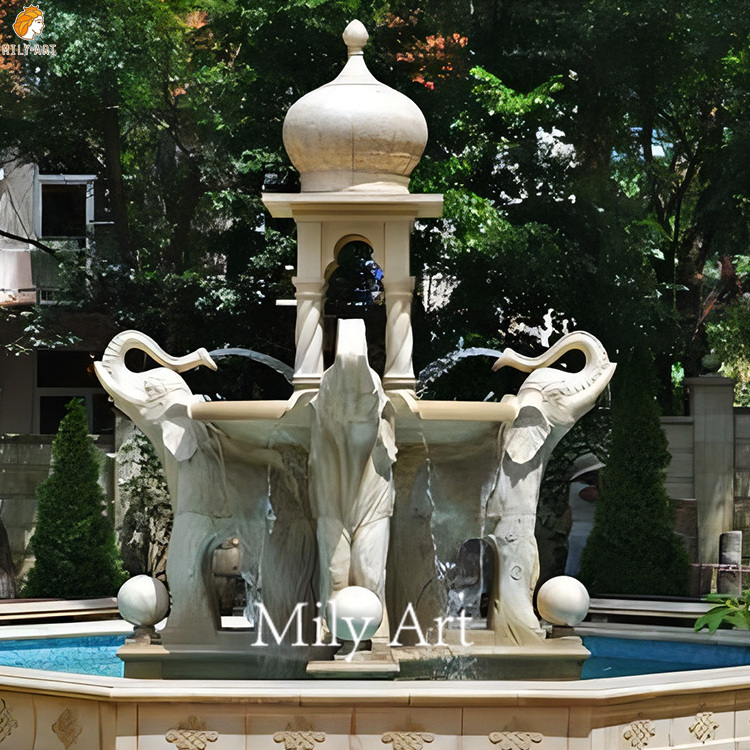 Detailed Stone Carved Outdoor Marble Elephant Garden Fountain for Sale