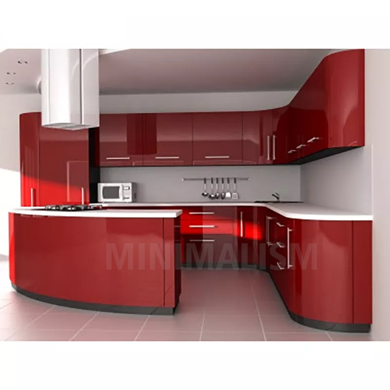 Unique Design Contemporary Curved Shaped Ready to Assemble Lacquer Kitchen Cabinets with Island