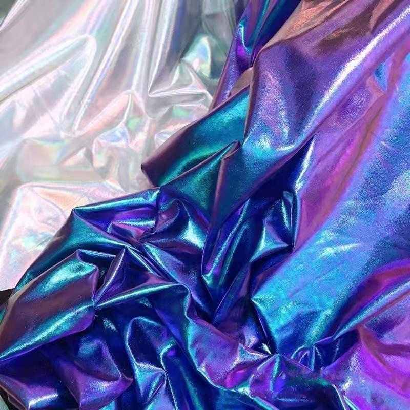 RTS Stock Rainbow Shiny Neon Foil Print Polyester Spandex Holographic Fabric For Costume