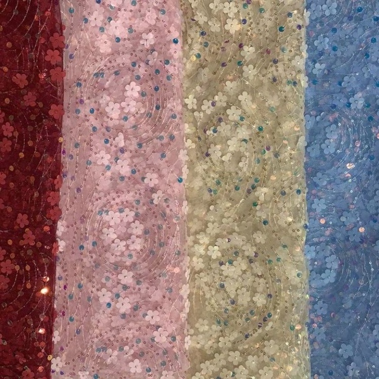 Ready Goods 3D Floral Lace Sequin Tulle Embroidery Fabric