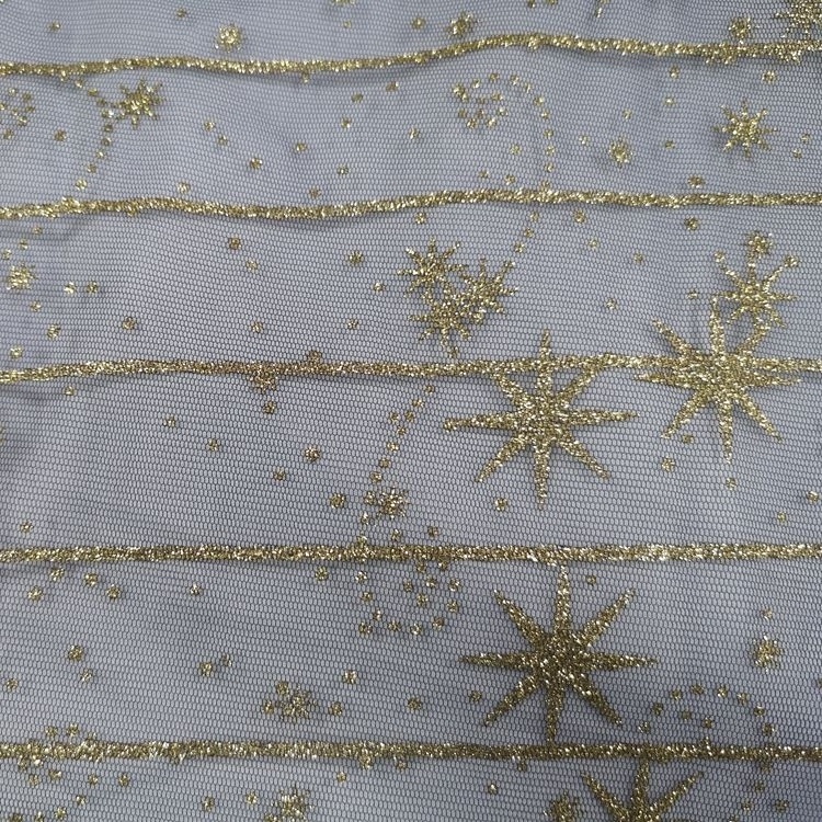 Star Printed Gold Glitter Tulle Fabric Star Glitter Mesh Fabric For Dress