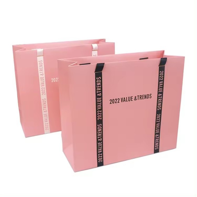 New pink packaging shopping bag with ribbon , 250gsm custom CMYK printing paper tote bag for gift