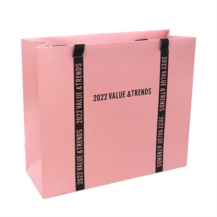 New pink packaging shopping bag with ribbon , 250gsm custom CMYK printing paper tote bag for gift