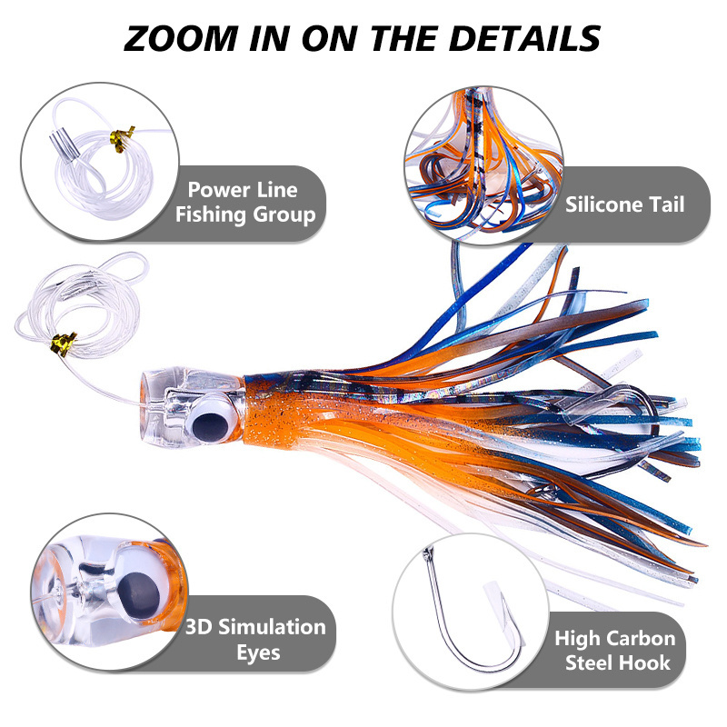 Wholesale 22cm/100g 16cm/70g Marlin Tuna Resin Head Saltwater Deep Sea Skirted Trolling Big Game Octopus Fishing Lures