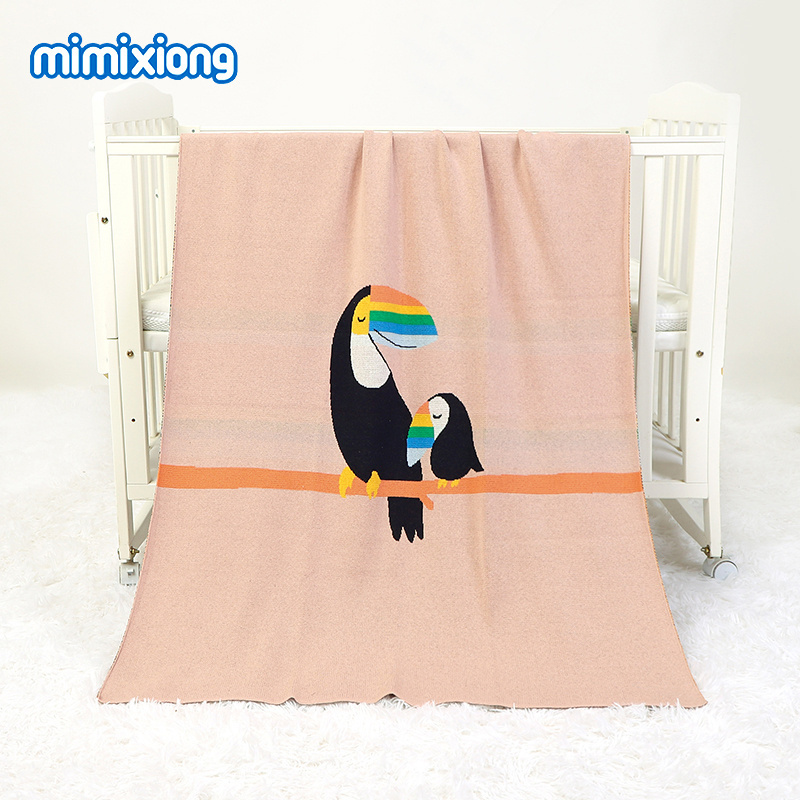 Wholesale mimixiong cotton OEKO TEX  baby knitted blankets cute birds pattern portable breathable swaddle blankets