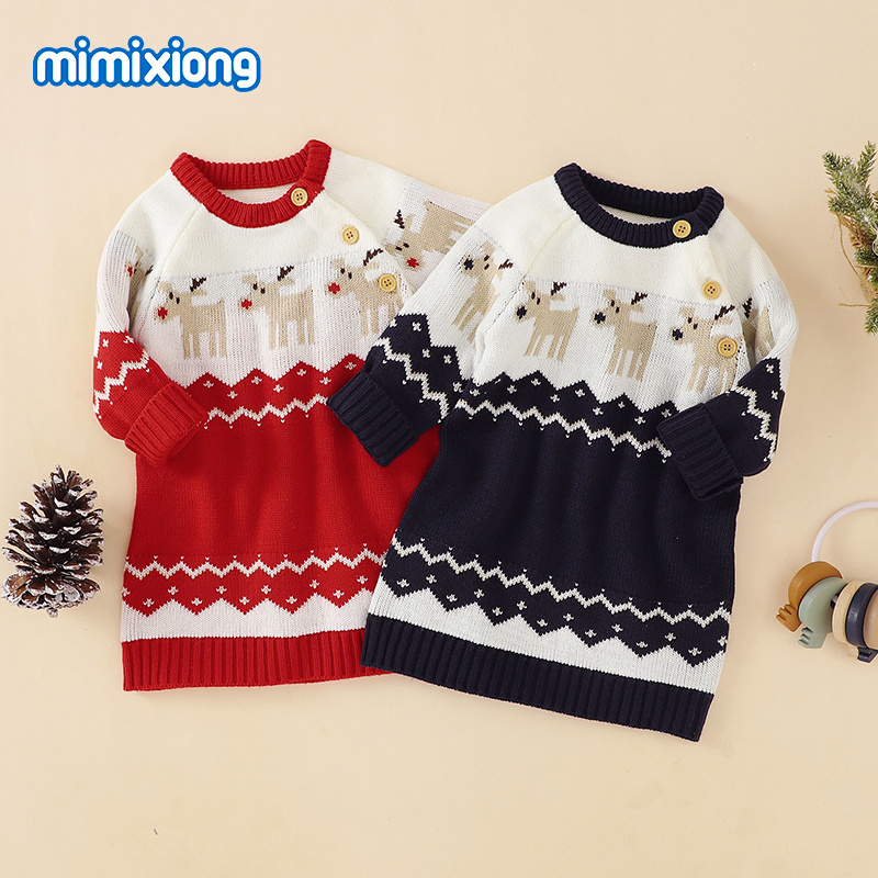 Baby Girls Dress For Christmas Newborn Bebes Winter Clothes Cute Christmas Elk Baby Knitted Princess OuterWear Girl Dress