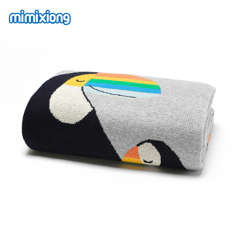 Wholesale mimixiong cotton OEKO TEX  baby knitted blankets cute birds pattern portable breathable swaddle blankets