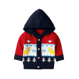 Factory Custom Low MOQ Christmas Baby Clothing Girl Boy Long Sleeve Hooded Knit Cardigan for Winter Autumn